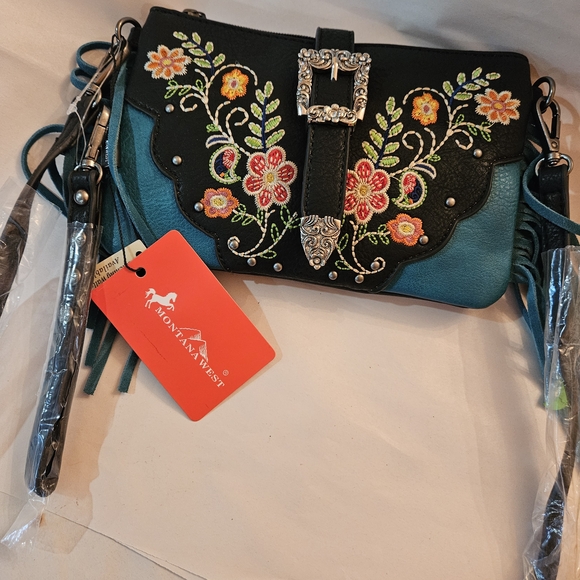 Montana West Handbags - Montana West Black and Teal Floral Embroidered Clutch